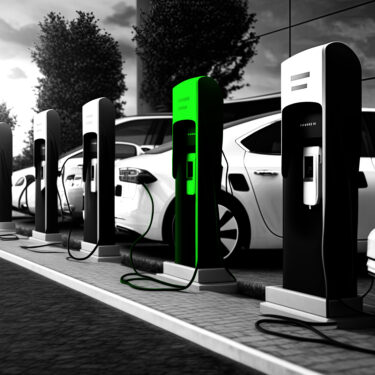 A row of Teslas charging at a public charging station - Jumptech helps develop low cost, fast, and accessible charging