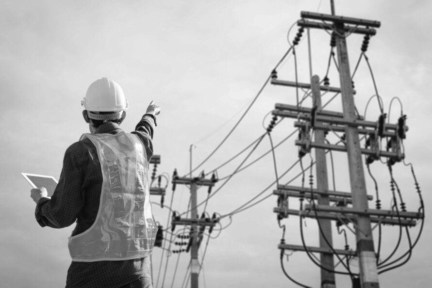 Electrician points to a high-voltage pole with a tablet in his hand.